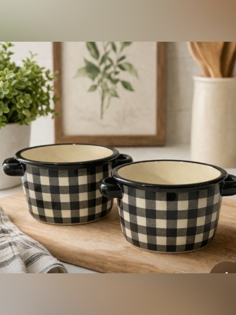 Robert Stanley Buffalo Plaid Check Soup Crock Bowls Set of 2 Black White Ceramic